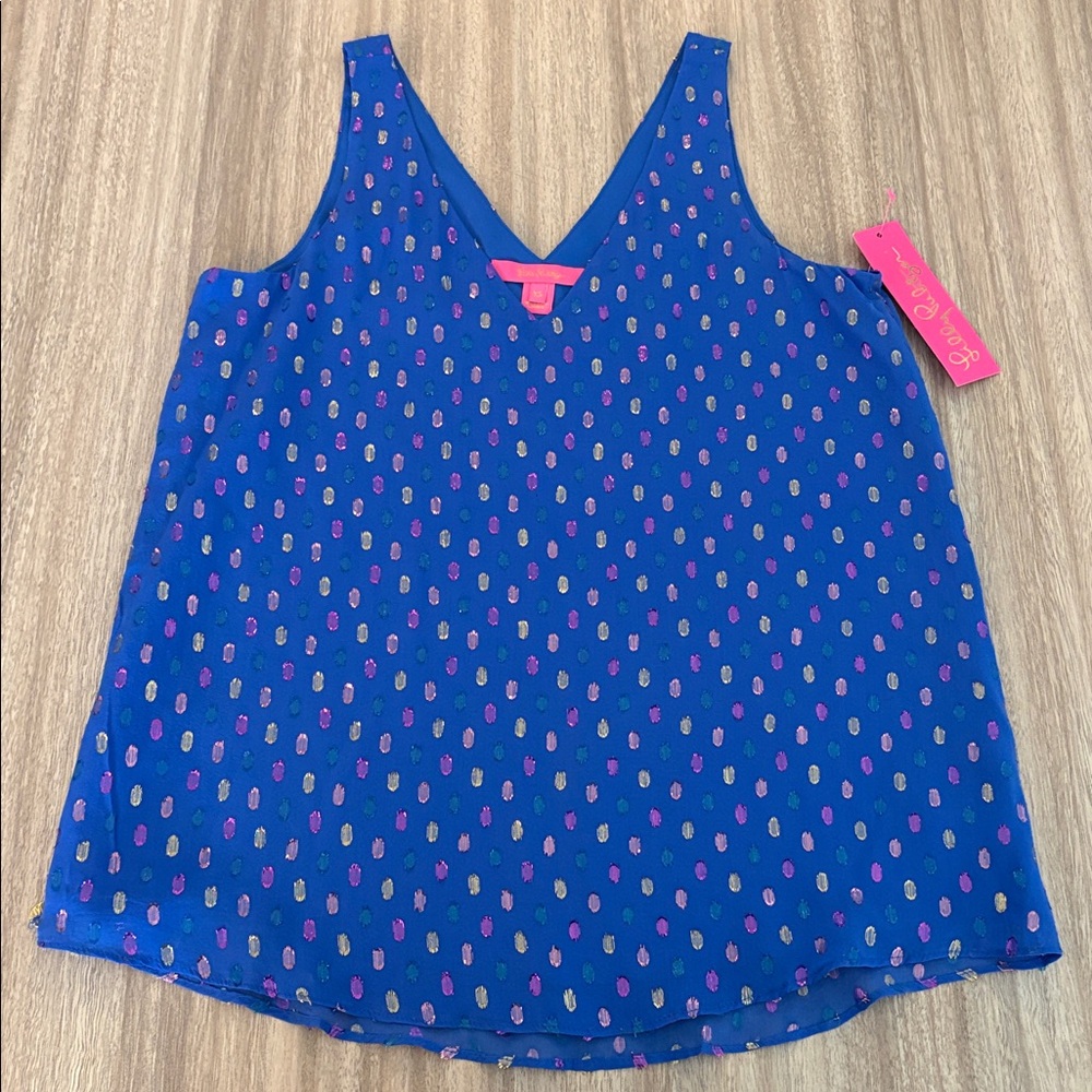 Lilly Pulitzer NWT Florin Silk Sleeveless V-Neck Tank Blouse Size XS Metallic
